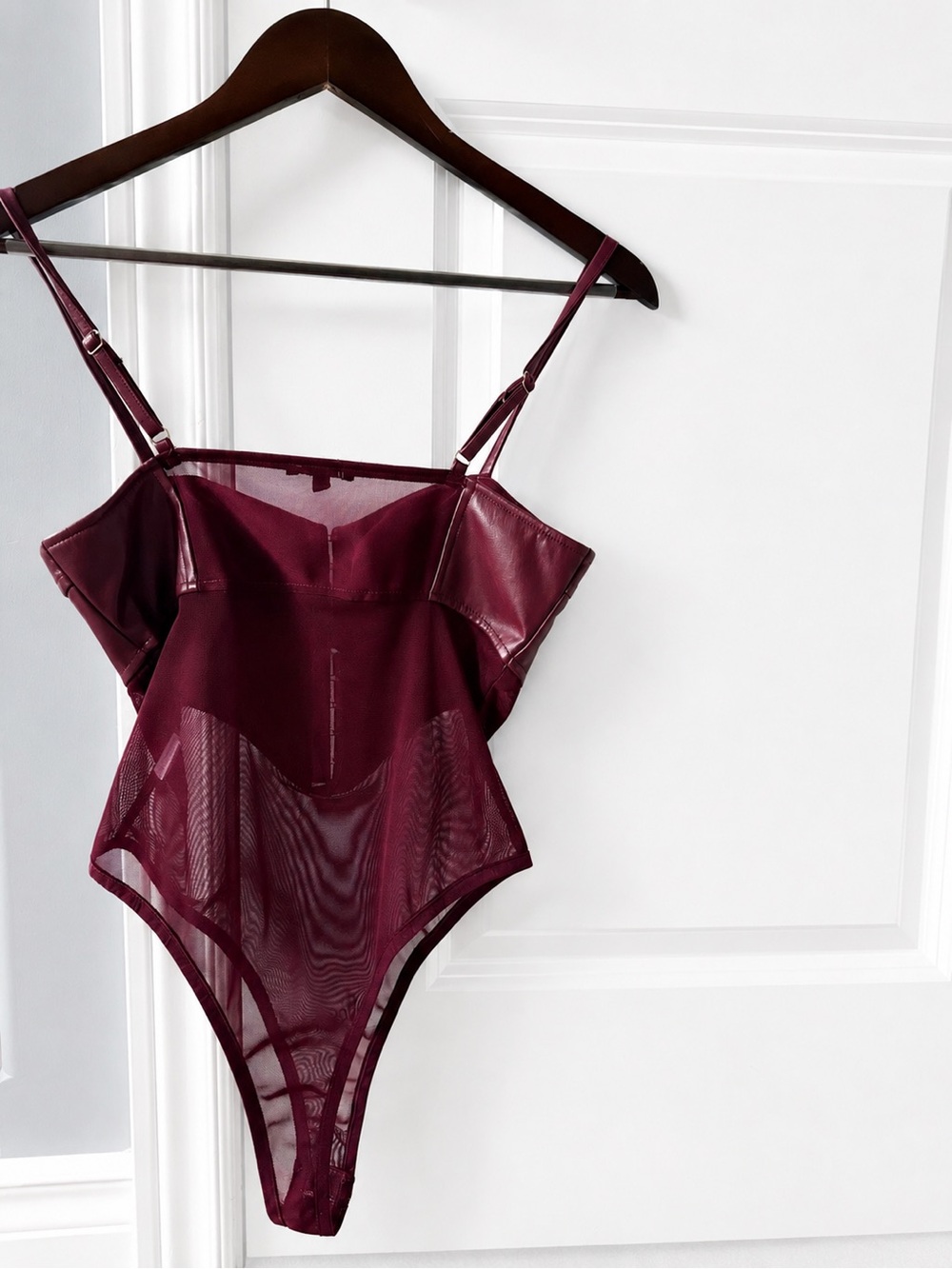 Fashion Nova Burgundy Faux Leather & Mesh Bodysuit - Picture 2 of 3